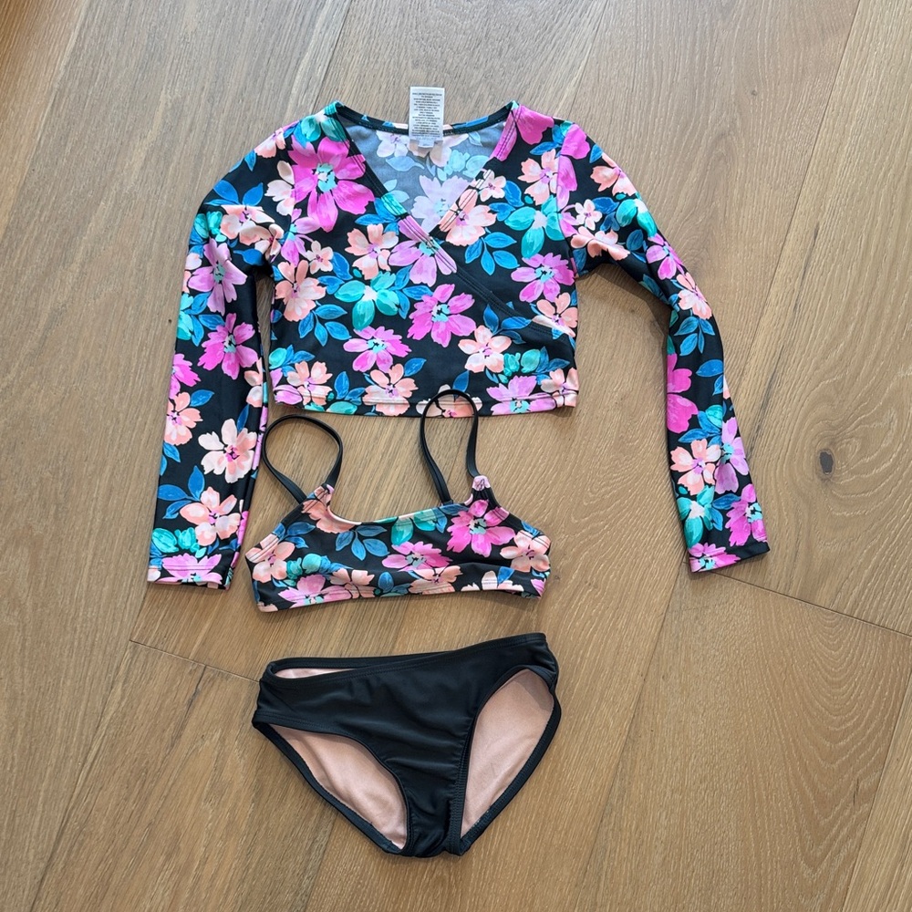 art class Girls Floral Long-Sleeve Rash Guard Set - Black, Pink, Teal